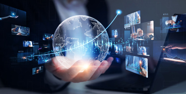 3D globe in hand surrounded by smaller photo windows